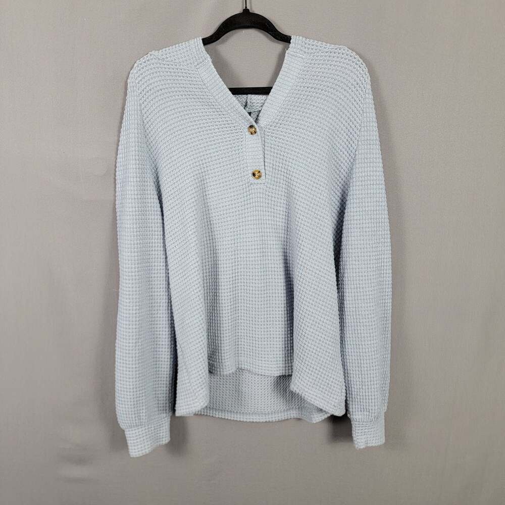 Emery Rose Waffle Knit Hooded Pullover Button Henley Top Blue Casual Layer
